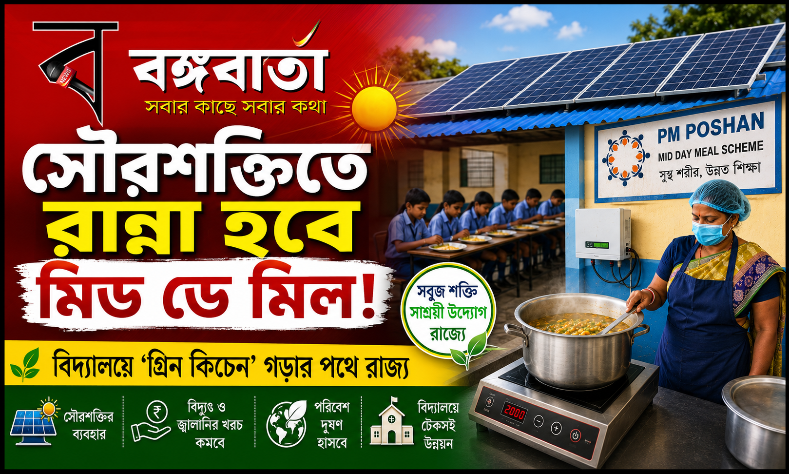 সৌরশক্তিতে রান্না হবে মিড ডে মিল! বিদ্যালয়ে ‘গ্রিন কিচেন’ গড়ার পথে রাজ্য