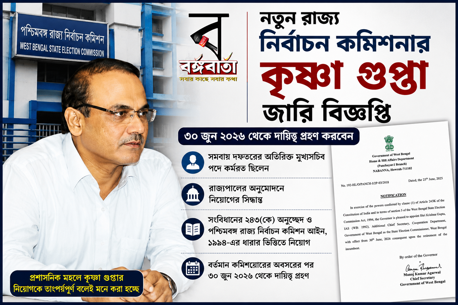 রাজ্য নির্বাচন কমিশনের শীর্ষপদে কৃষ্ণা গুপ্তা, ৩০ জুন থেকে দায়িত্বে নতুন কমিশনার