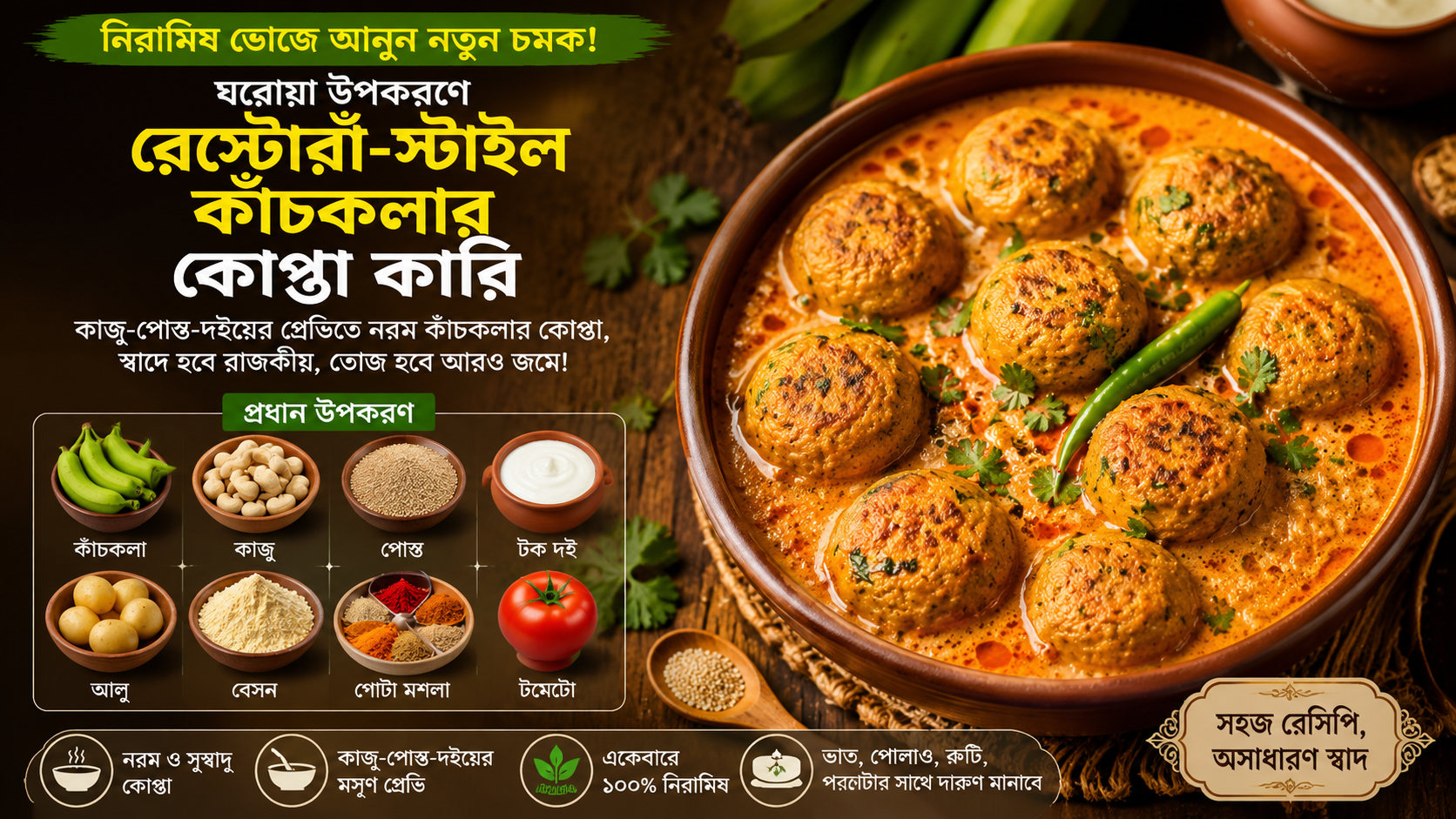 নিরামিষ ভোজে আনুন নতুন চমক! ঘরোয়া উপকরণে বানিয়ে ফেলুন রেস্তোরাঁ-স্টাইল কাঁচকলার কোপ্তা কারি