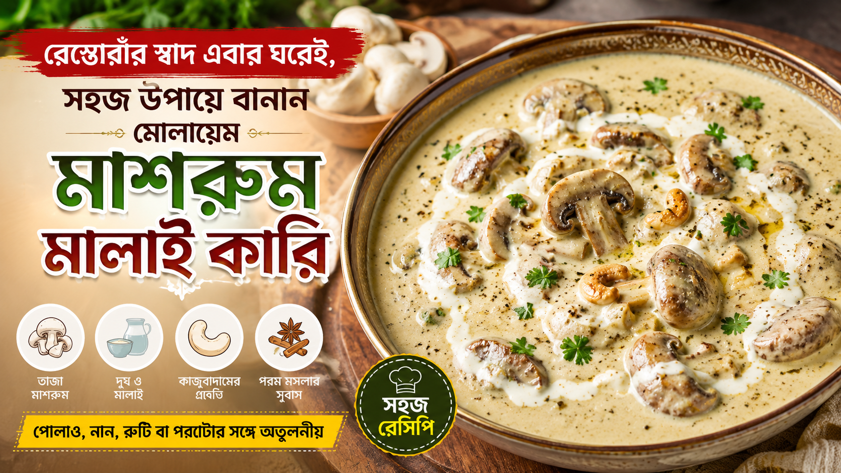 বঙ্গবার্তা রান্নাঘরে, আজকের রেসিপি: রেস্তোরাঁর স্বাদ এবার ঘরেই, সহজ উপায়ে বানান মোলায়েম মাশরুম-মালাই কারি