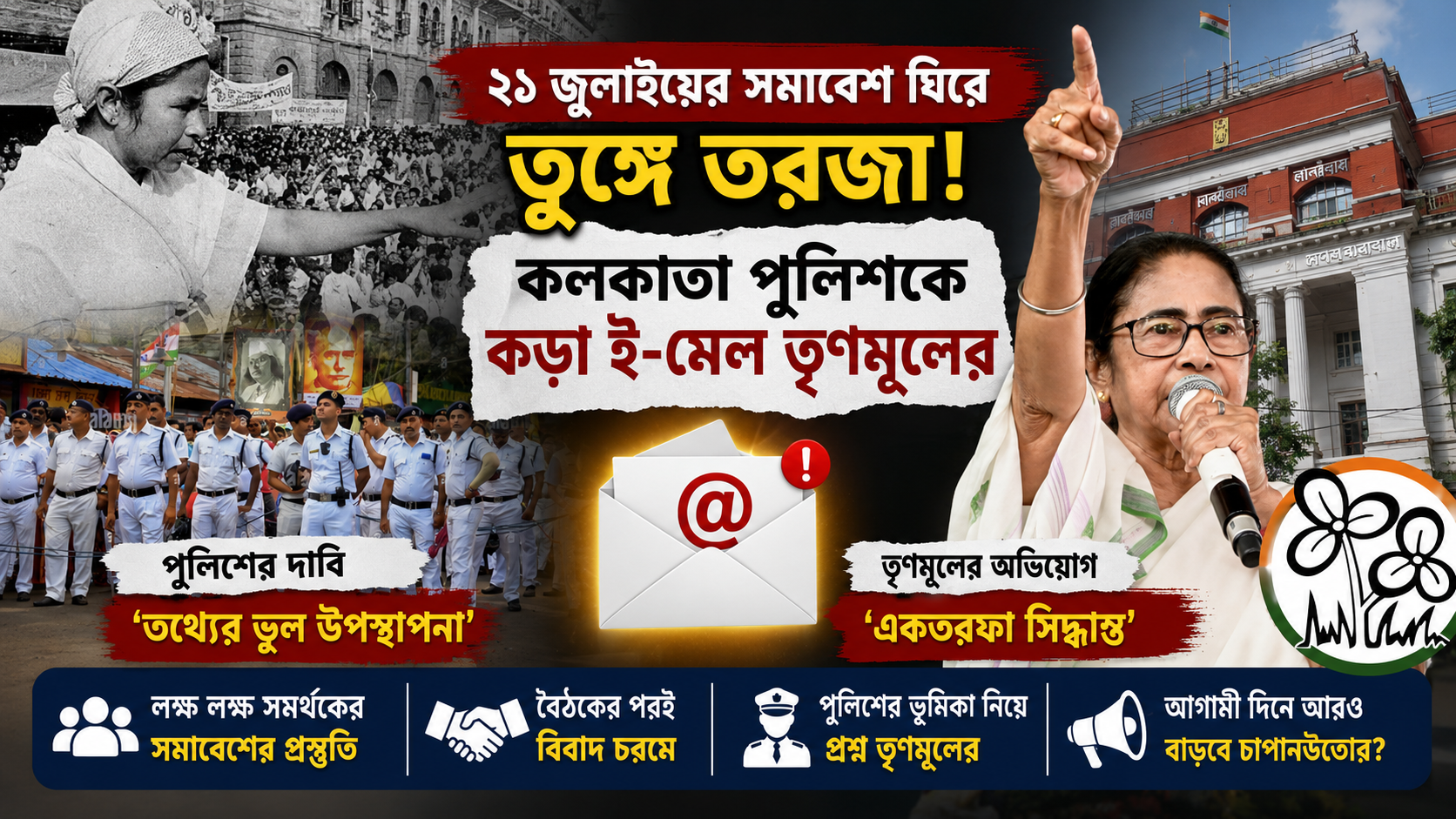 ২১ জুলাইয়ের সমাবেশ ঘিরে তুঙ্গে তরজা, কলকাতা পুলিশকে কড়া ই-মেল তৃণমূলের