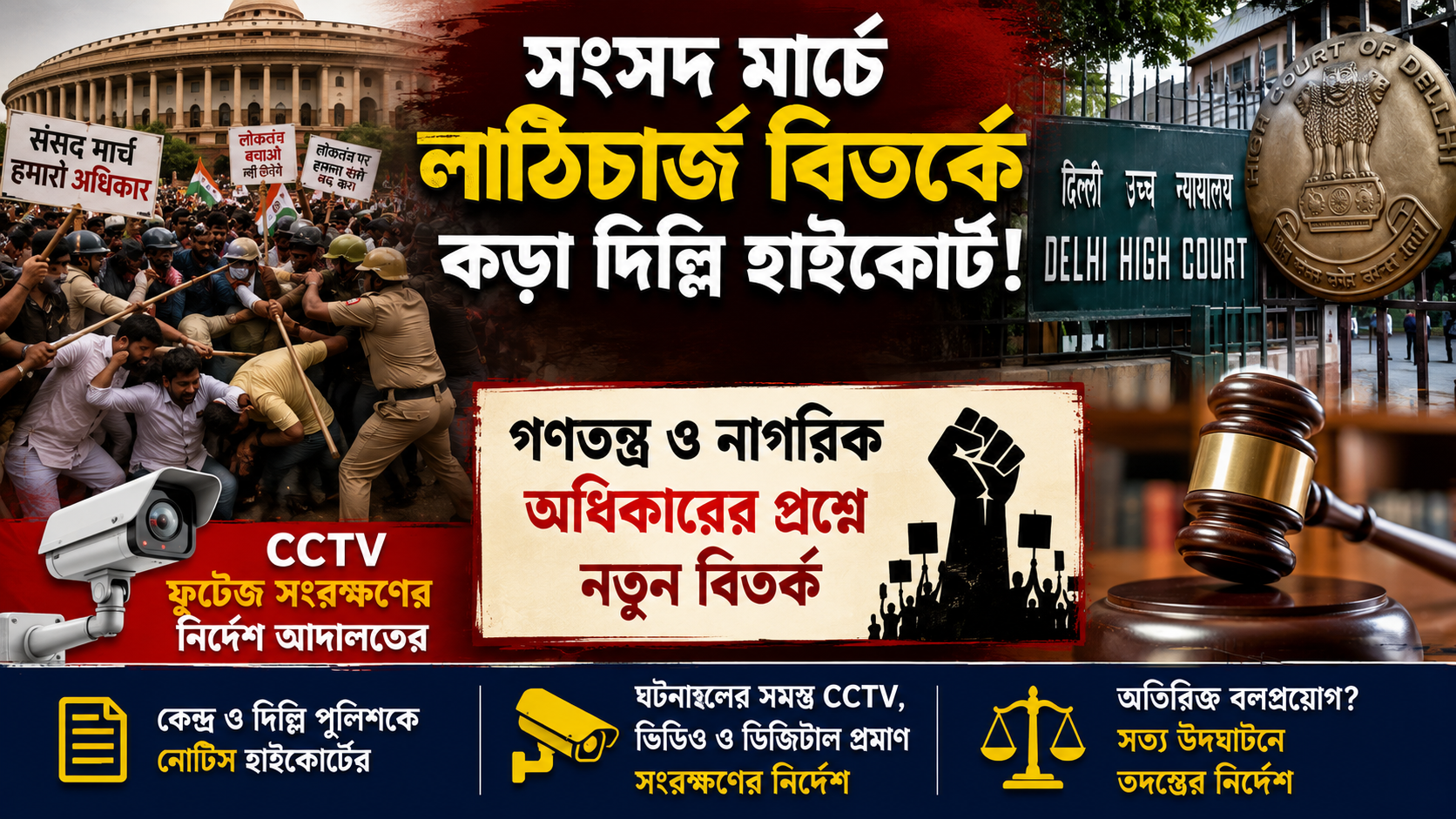 সংসদ মার্চে লাঠিচার্জ বিতর্কে কড়া দিল্লি হাইকোর্ট! CCTV ফুটেজ সংরক্ষণের নির্দেশে গণতন্ত্র ও নাগরিক অধিকারের প্রশ্নে নতুন বিতর্ক