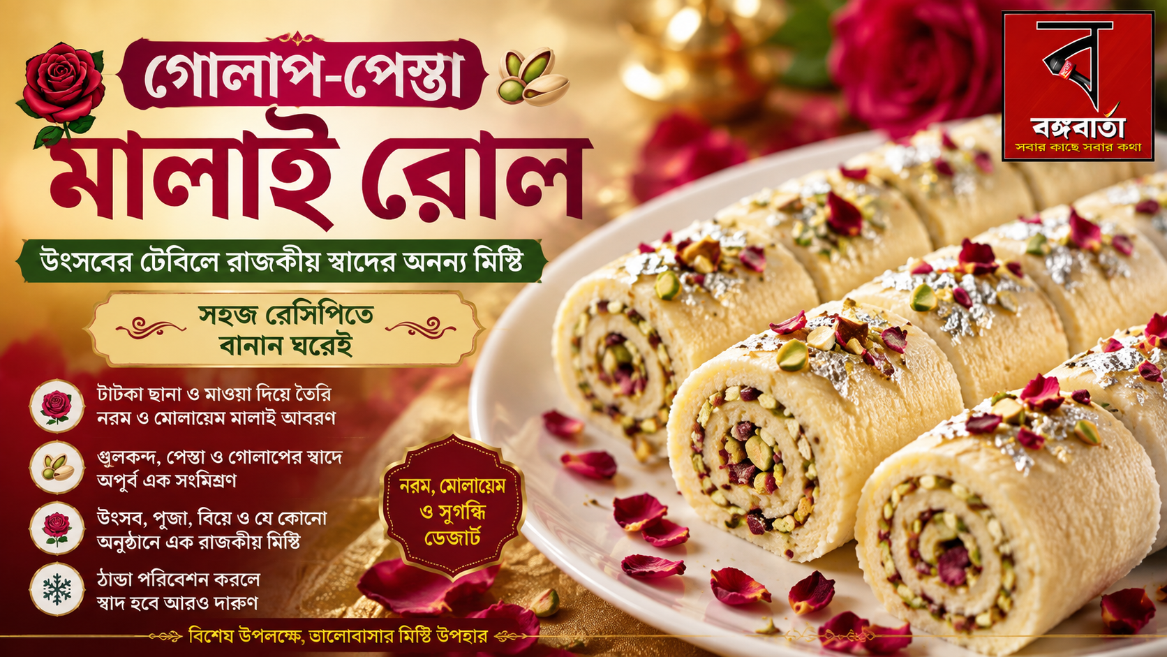 বঙ্গবার্তা রান্নাঘরে আজ ,গোলাপ-পেস্তা মালাই রোল: উৎসবের টেবিলে রাজকীয় স্বাদের অনন্য মিষ্টি, সহজ রেসিপিতে বানান ঘরেই